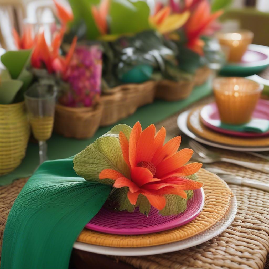 Wicker flower placemats used in a tropical-themed table setting with vibrant tableware and lush greenery.