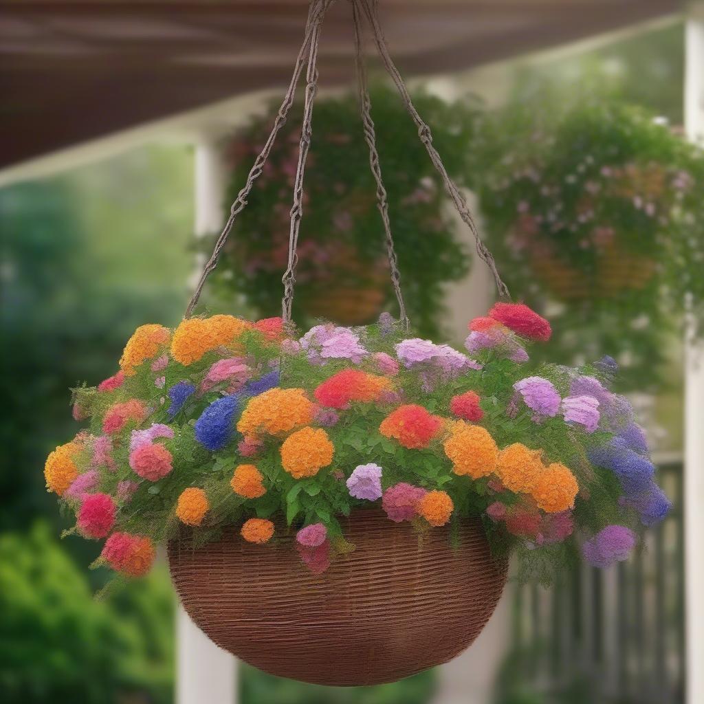 A hanging wicker flower pot holder with vibrant flowers on a sunny patio.