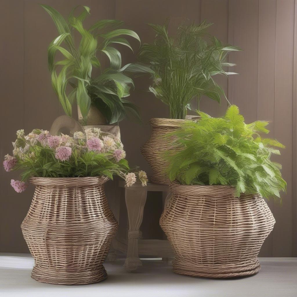 Various wicker flower pot holders showcasing different shapes, sizes, and weaving patterns.