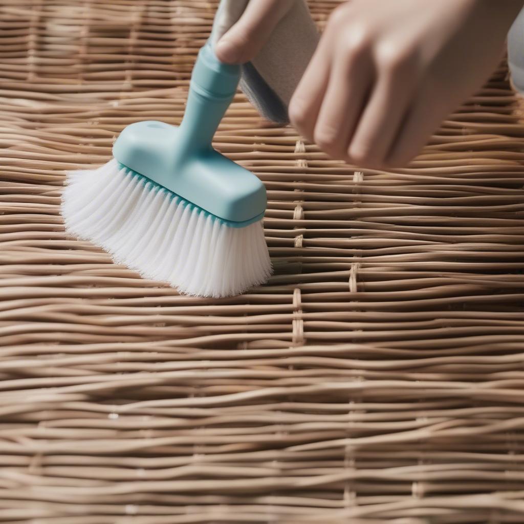 Various tools and methods for cleaning and maintaining wicker furniture, including brushes, cleaning solutions, and protective covers.