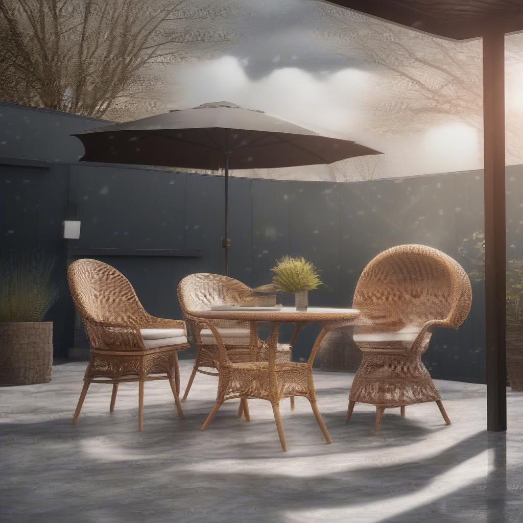 Wicker furniture exposed to various weather conditions like sun, rain, and snow.