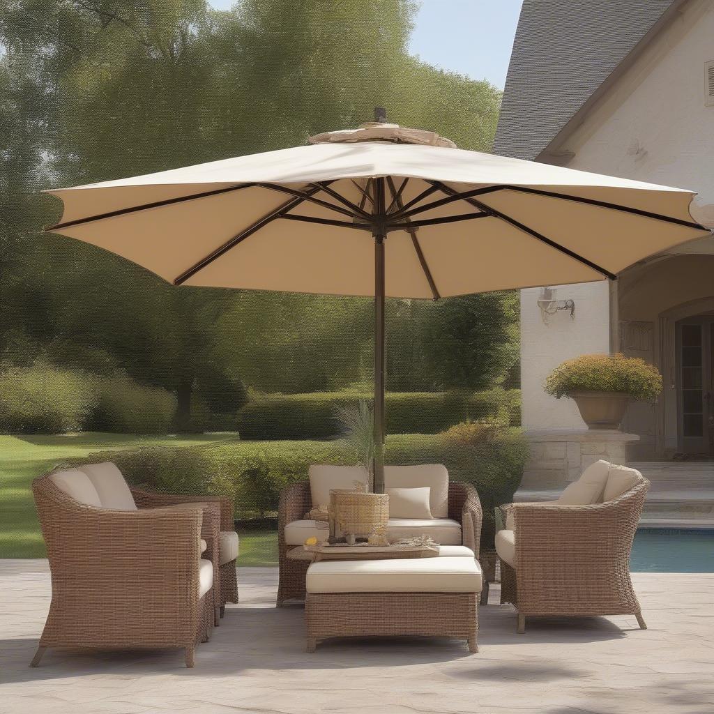 Wicker furniture under umbrella