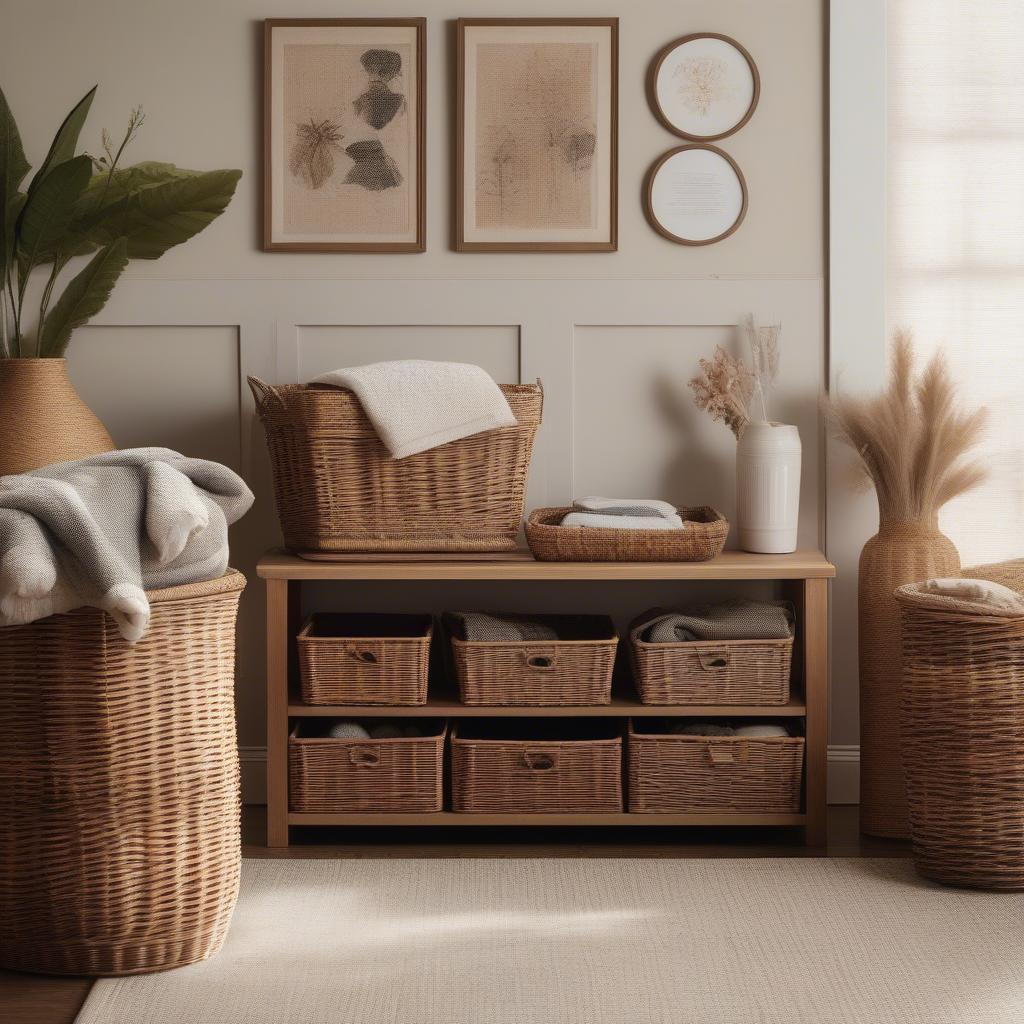 Wicker gallon storage baskets in a living room setting, showcasing their versatility and aesthetic appeal.