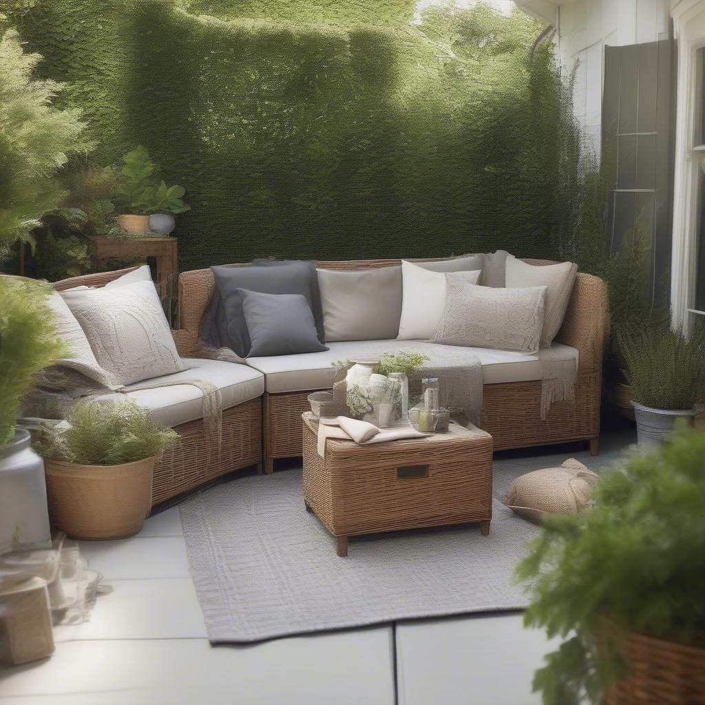 Wicker gallon storage being used on an outdoor patio for storing cushions and gardening supplies.