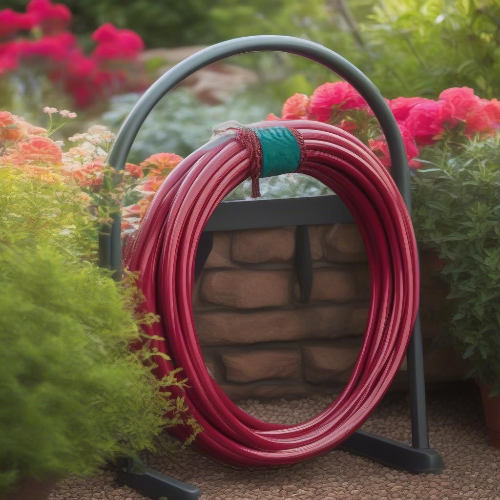 Wicker garden hose holder placed strategically amidst lush greenery in a well-maintained garden.