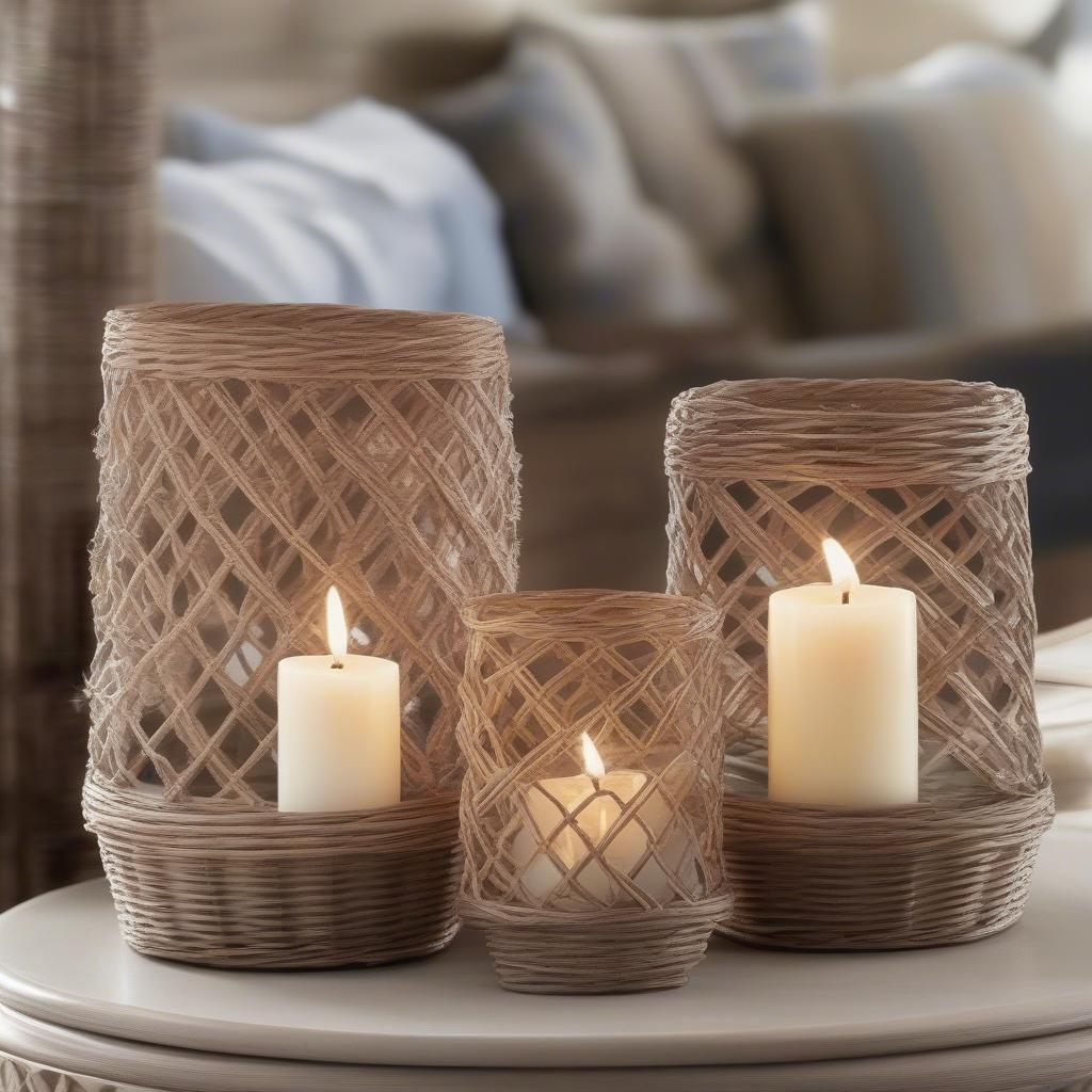 Wicker and glass candle holders in different decor styles