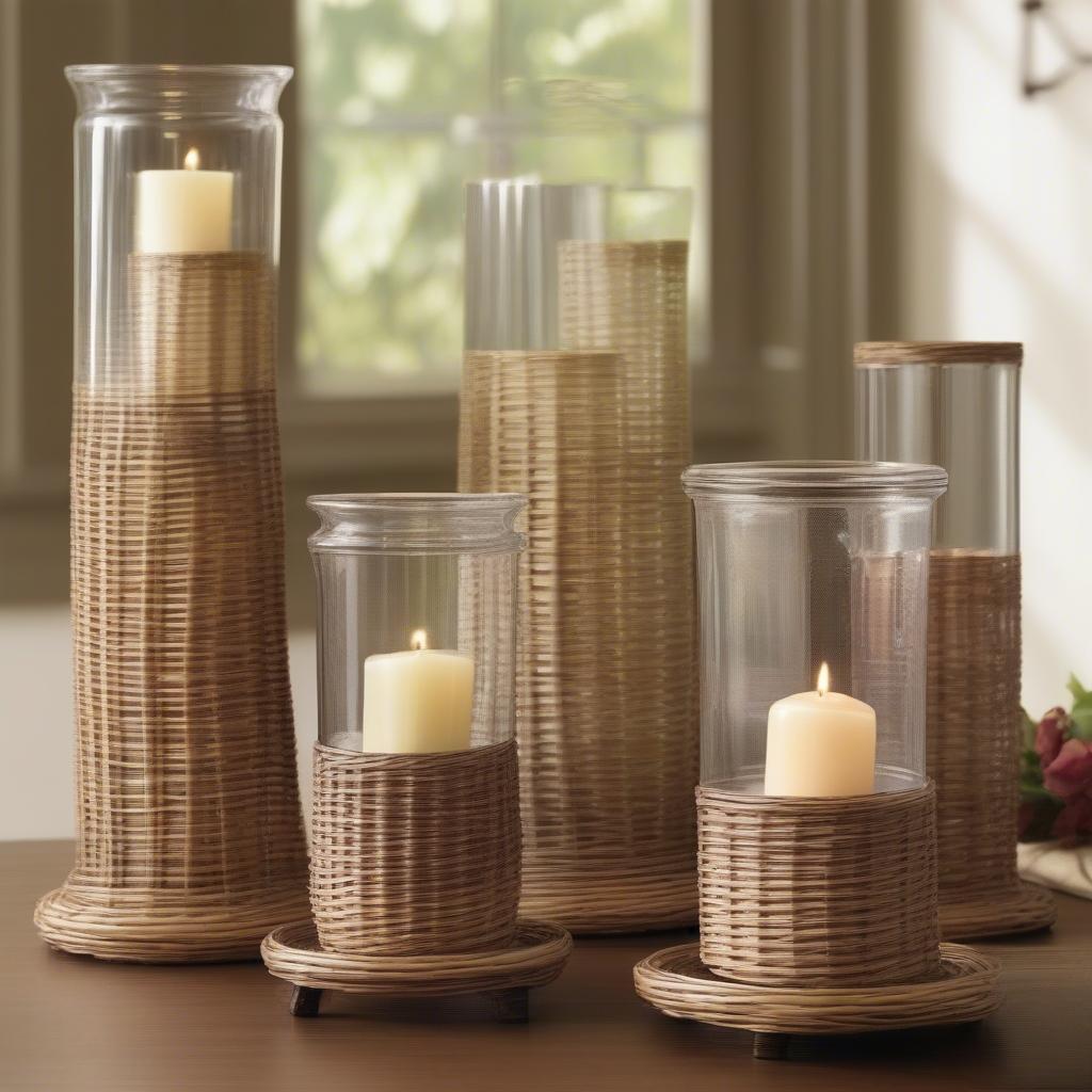 Variety of wicker and glass candle holders