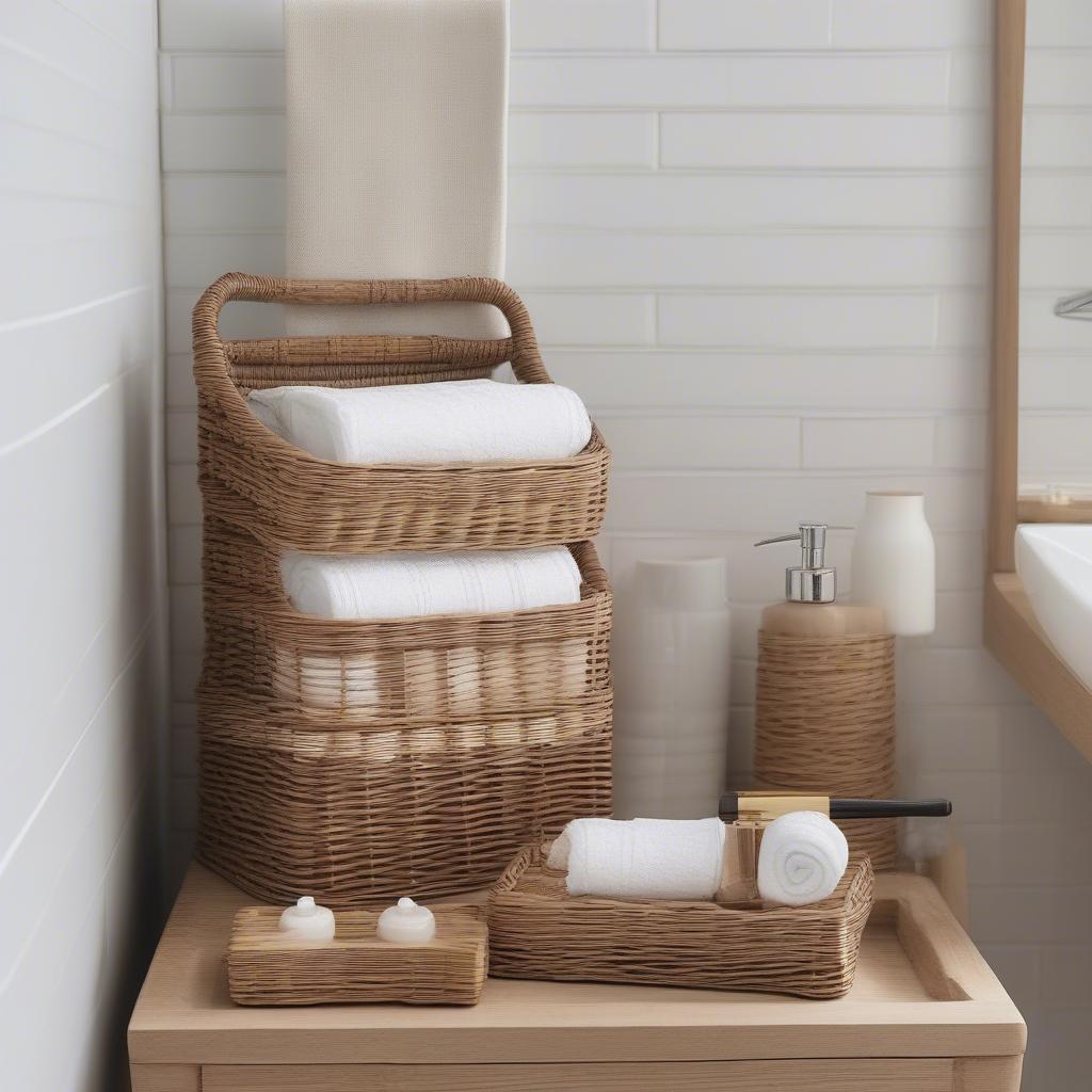 Wicker guest towel holder in a bathroom setting