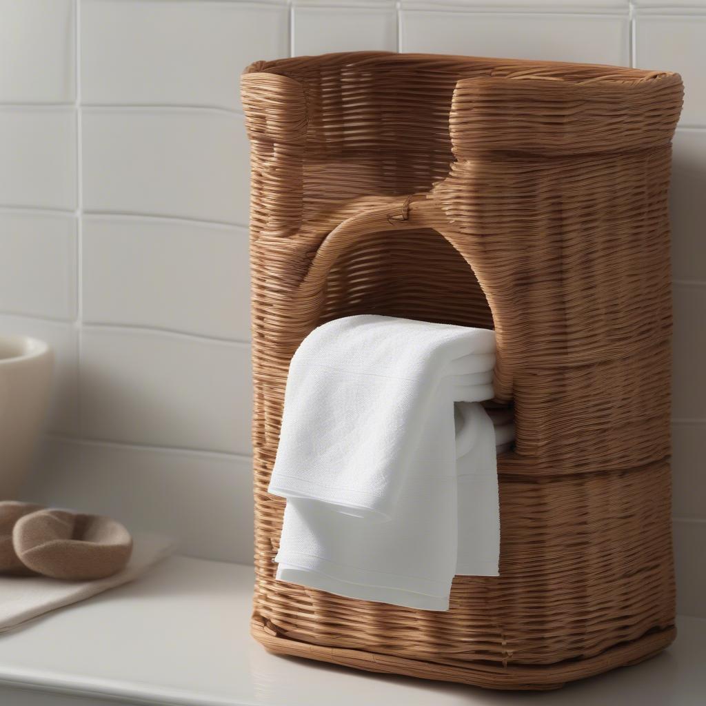 Close-up view of a wicker guest towel holder with a guest towel