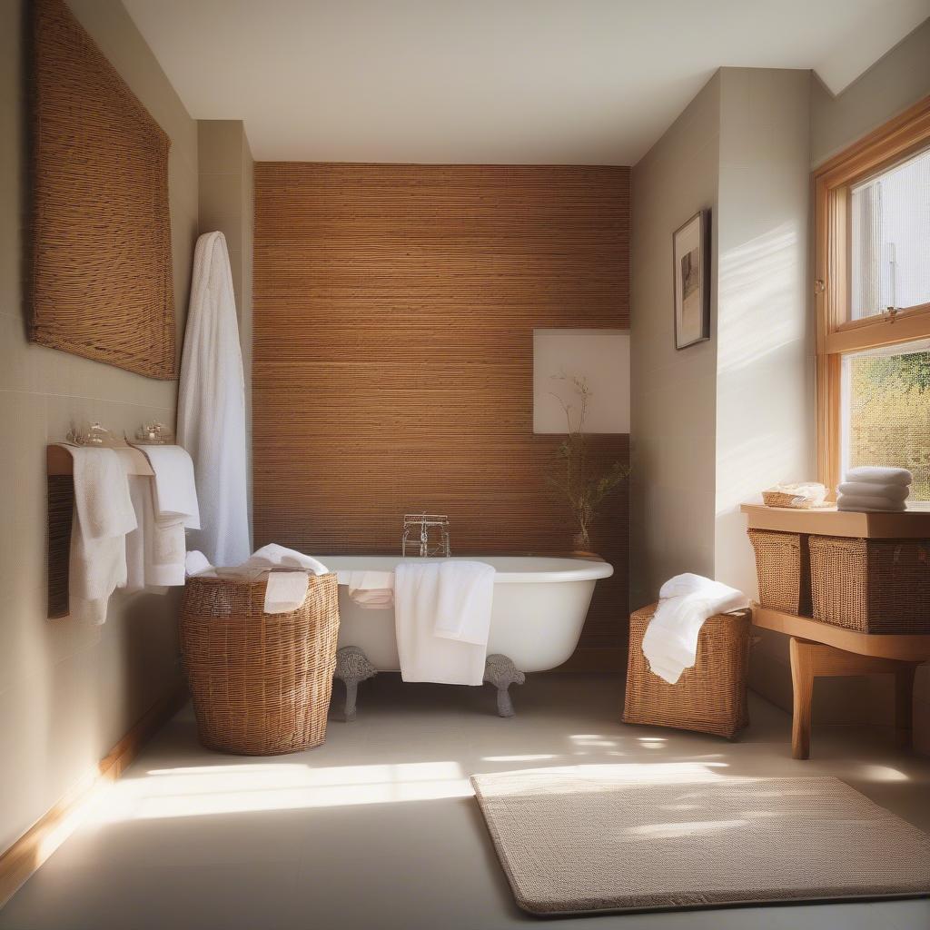 A large wicker hamper stands in the corner of a bright, airy bathroom, providing stylish storage for laundry.