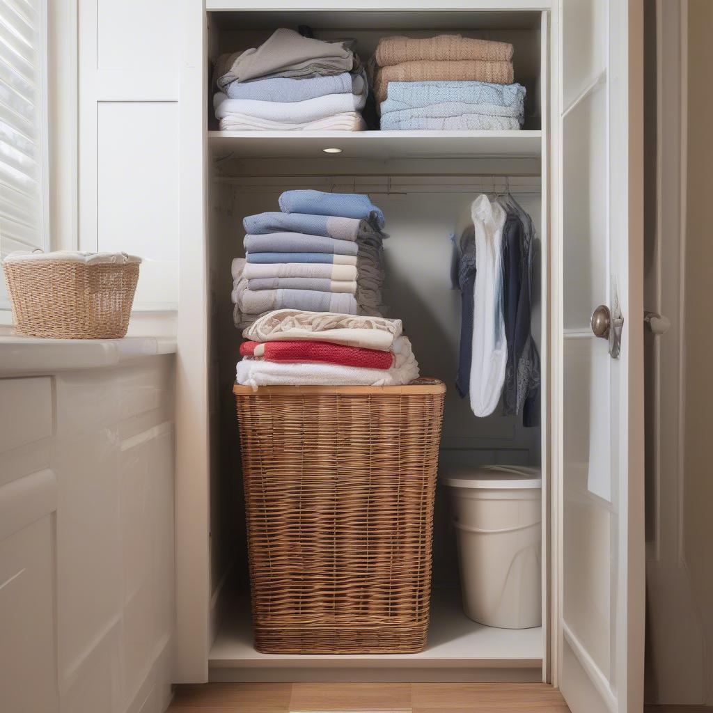 Wicker hamper overflowing with clothes ready for laundry day