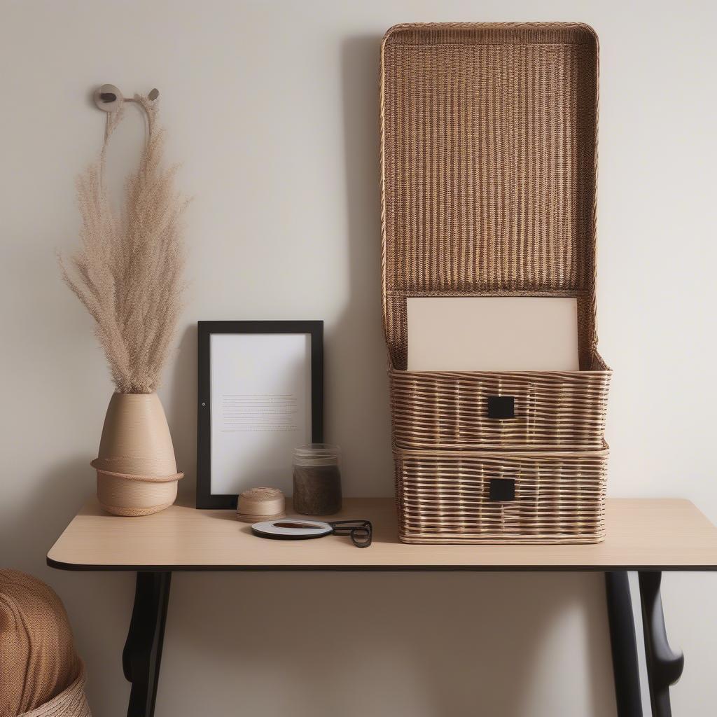 Wicker hanging file storage box in a home office setting