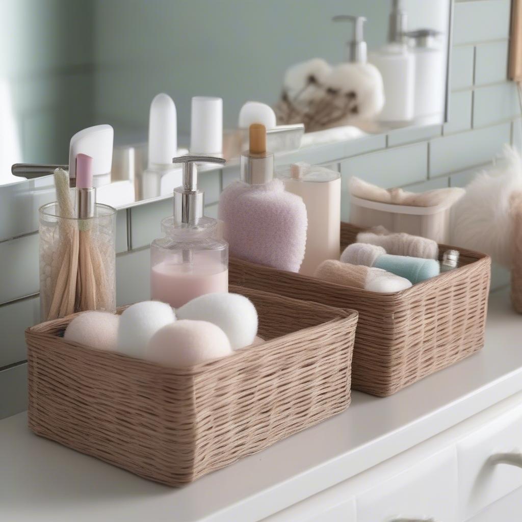 2x2 inch wicker holders organizing bathroom essentials like cotton balls and hair ties.