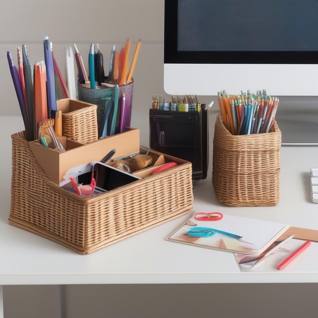 A 2x2 inch wicker holder organizing office supplies on a desk.