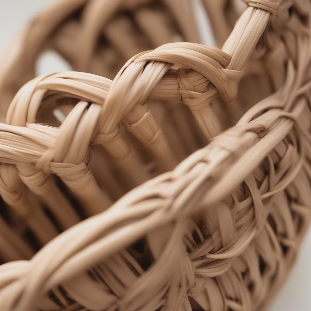 Close-up view of a wicker hose holder, highlighting the intricate weaving and natural texture.