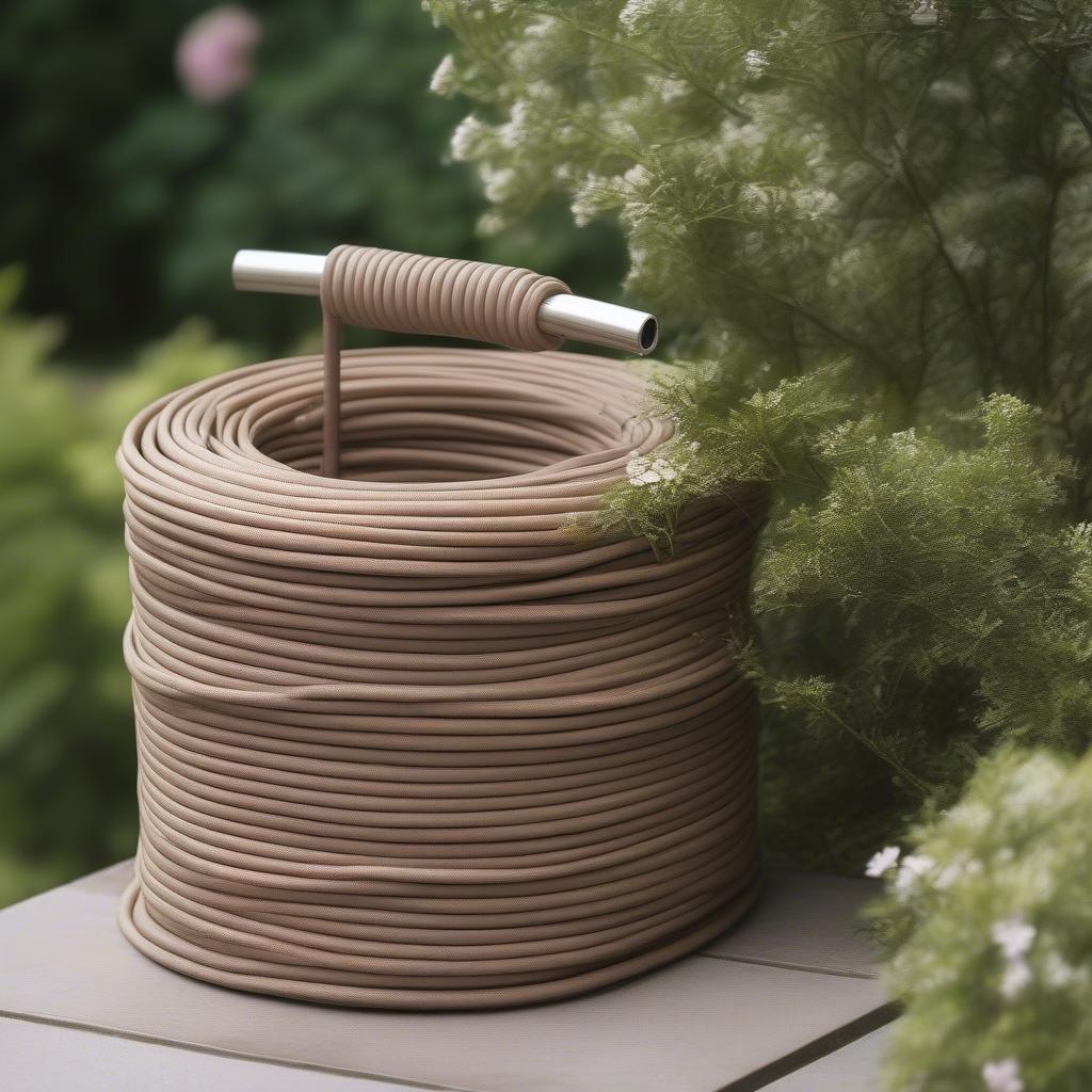 Wicker hose holder neatly storing a garden hose in a lush garden setting.