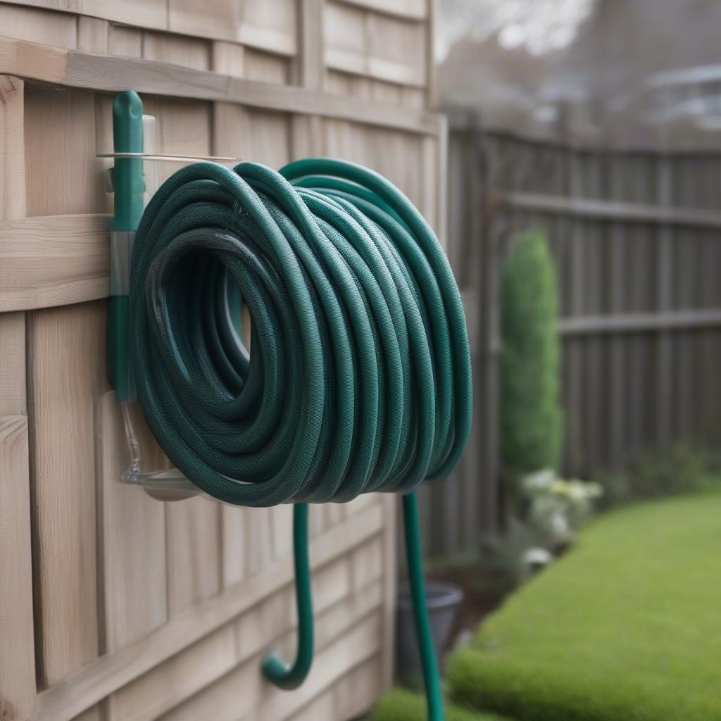 A wicker garden hose holder with a neatly coiled garden hose inside.