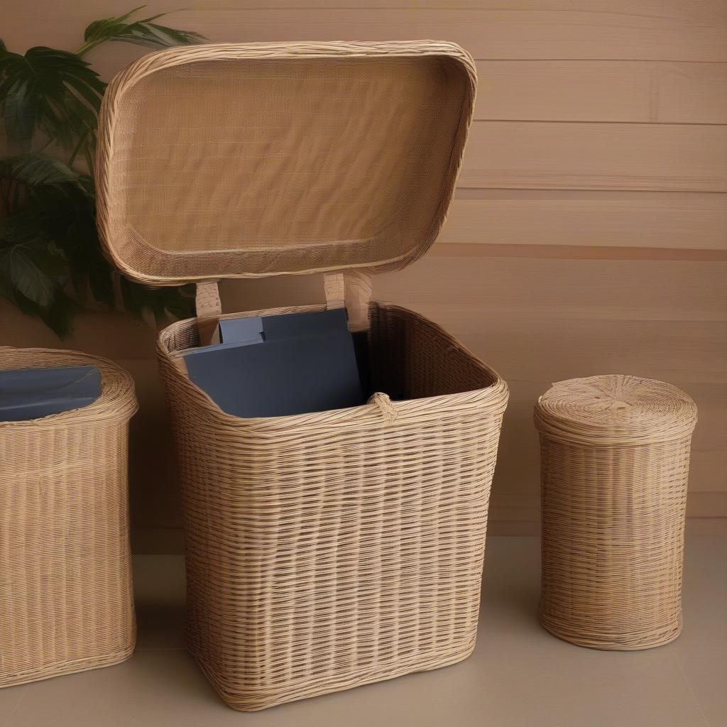 Different styles of wicker hose storage containers