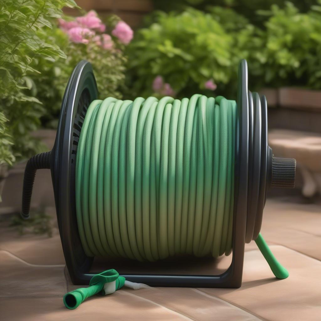 Wicker hose storage in a garden