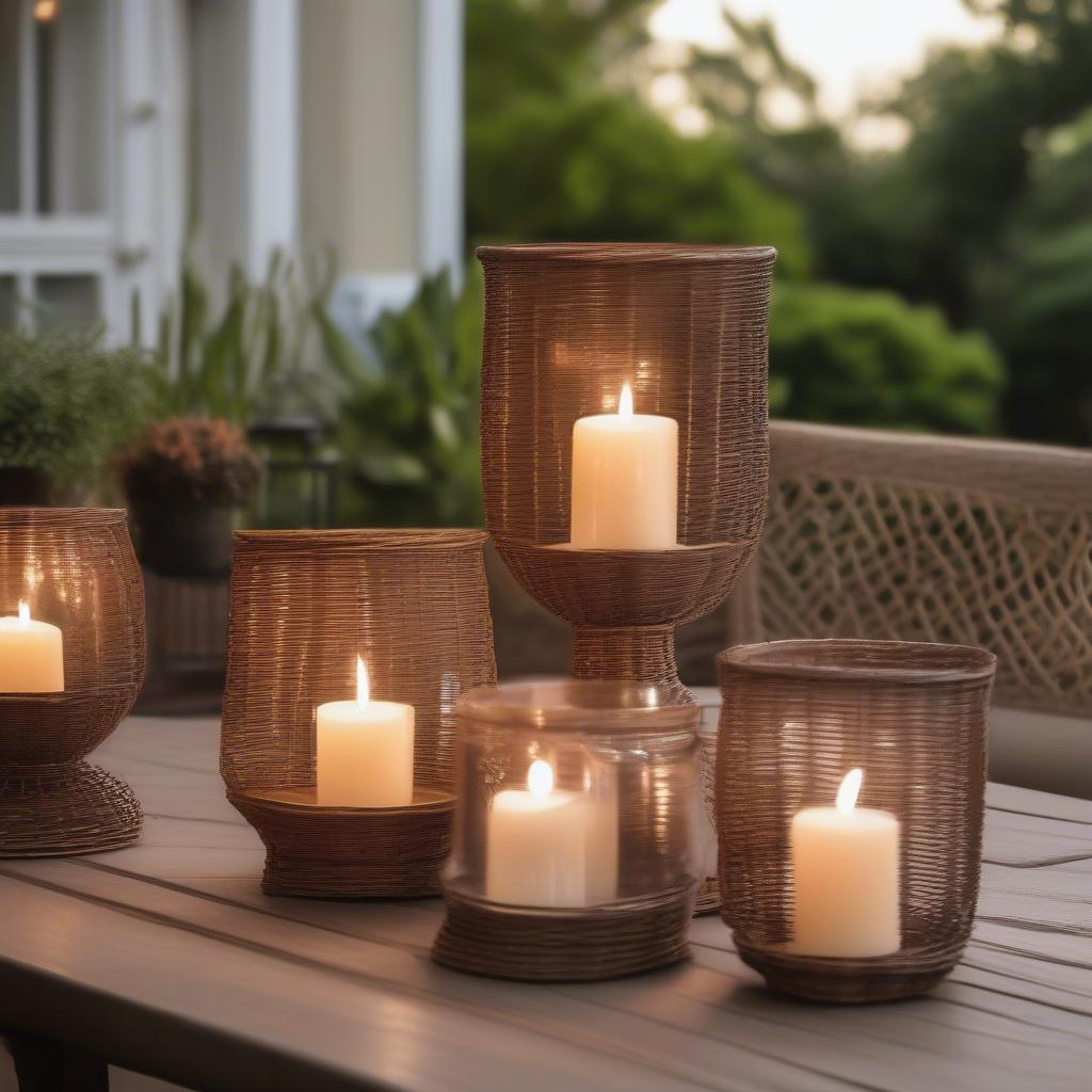 Wicker hurricane candle holders on a patio table