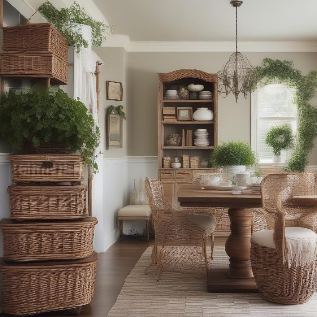 Wicker, Ivy, and Books Cabinet Decor