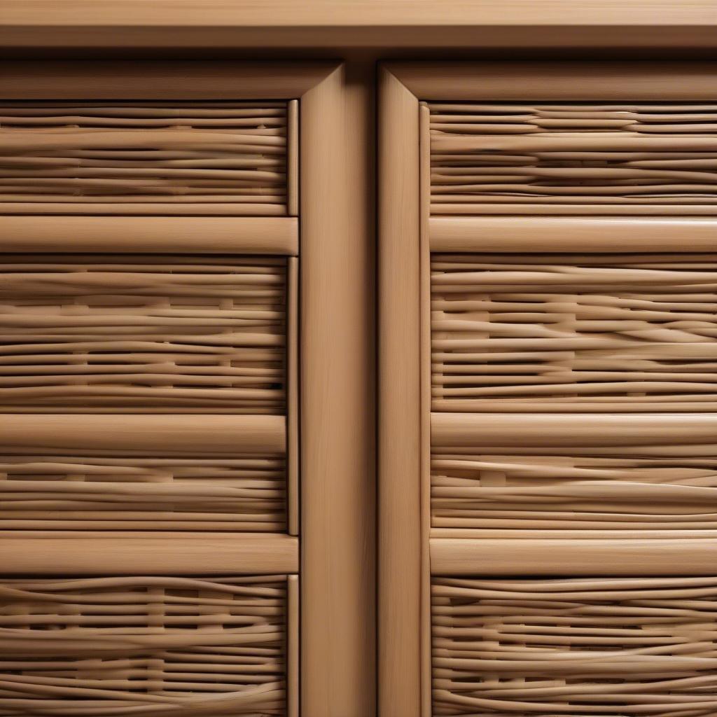 Close-up of wicker cabinet doors showcasing the intricate weave and natural texture