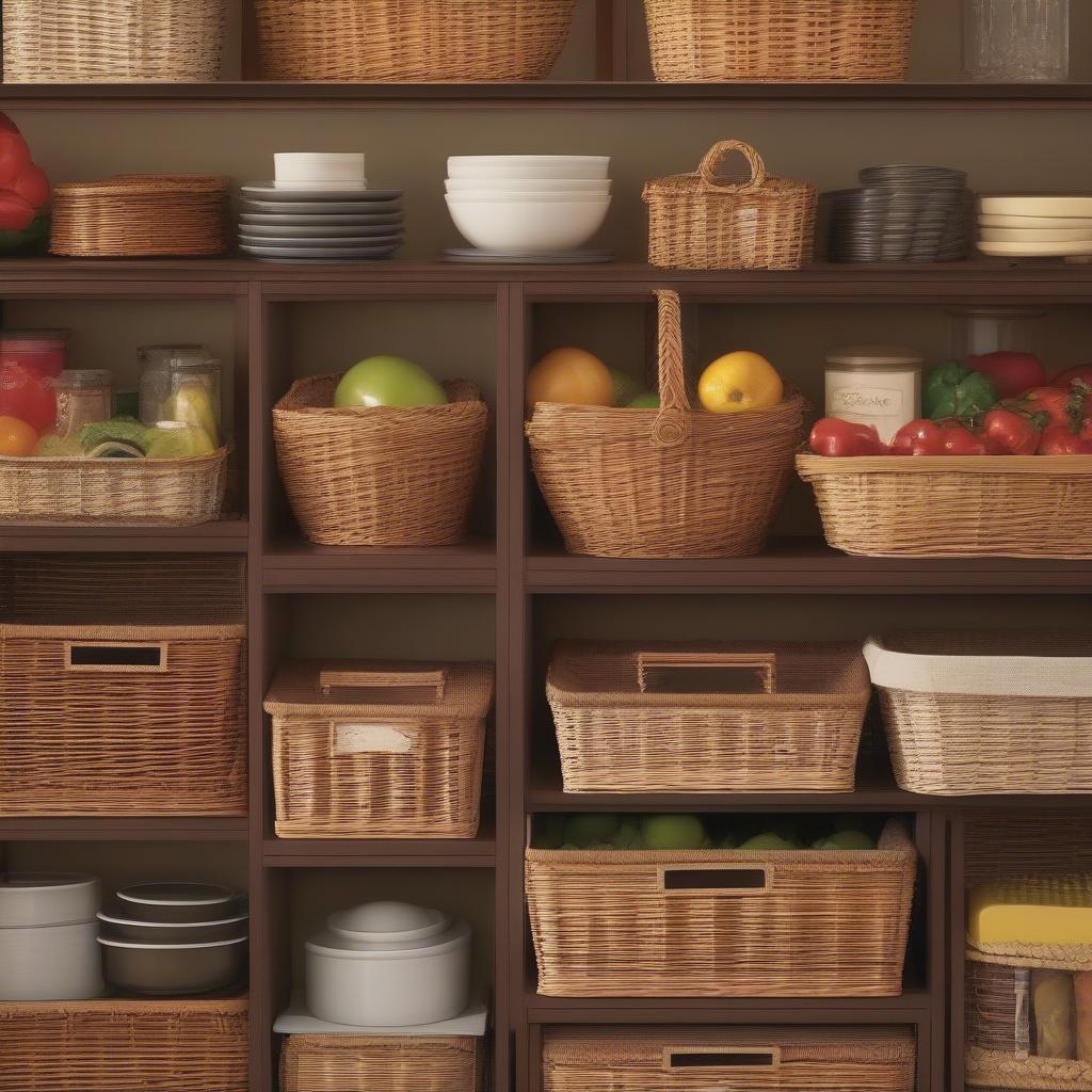 Various wicker kitchen storage baskets on display, showcasing different shapes, sizes, and weaving styles.