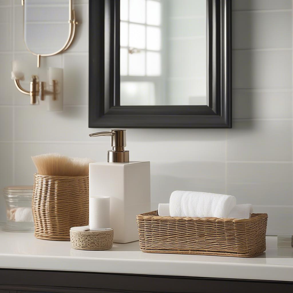 Wicker kleenex holder placed on a bathroom vanity