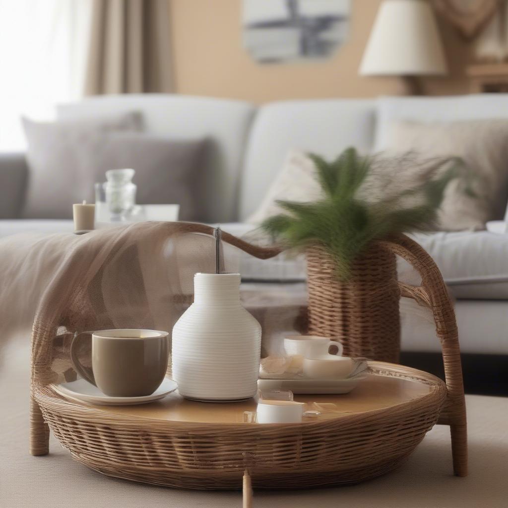 Wicker kleenex holder on a coffee table in a living room setting