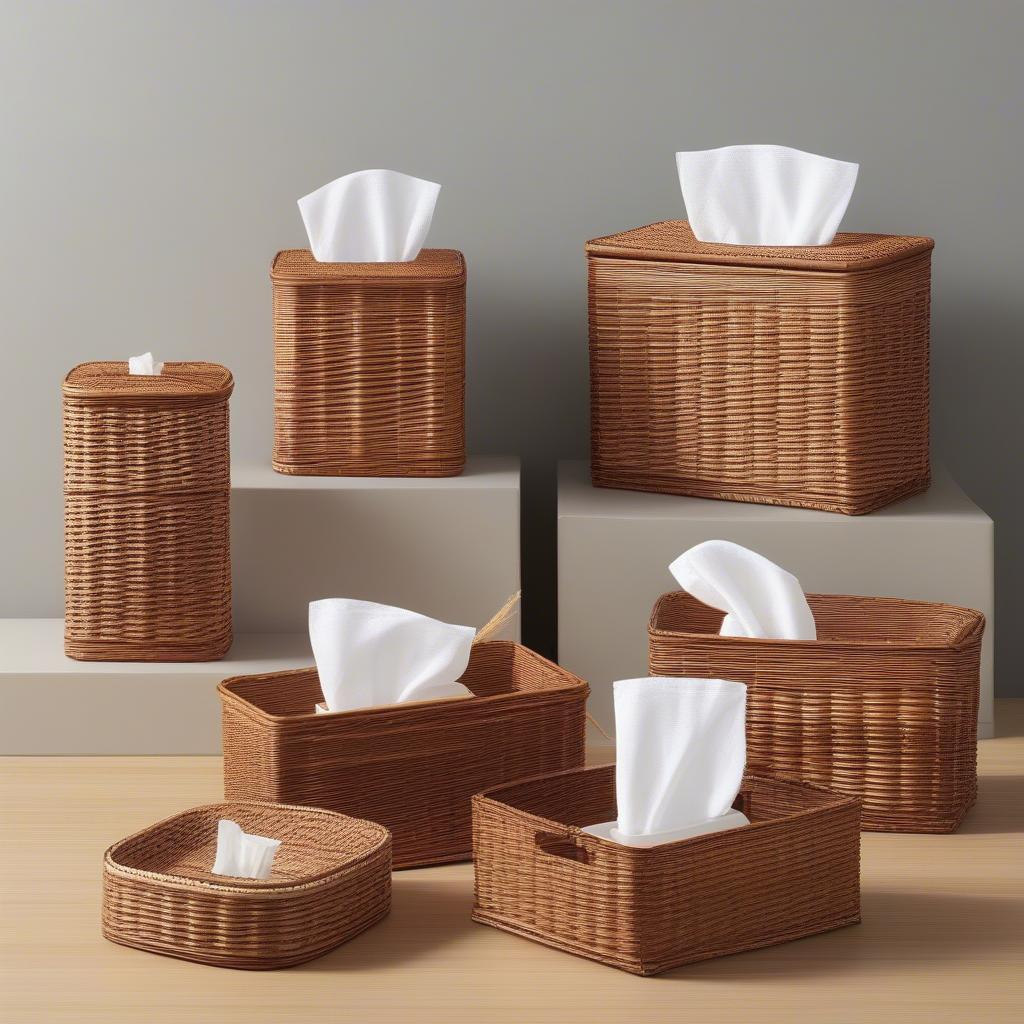 Variety of wicker kleenex holders in different styles and sizes