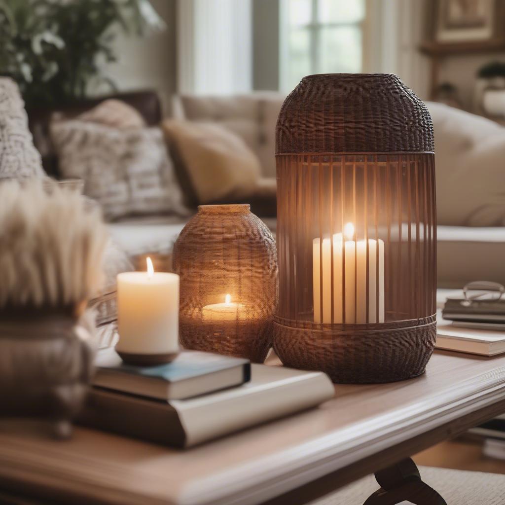 A wicker lantern holder used as a decorative accent in a living room, adding a touch of rustic charm.