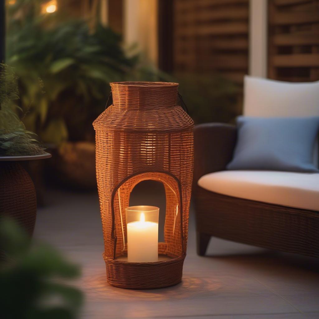 Wicker lantern holder illuminating an outdoor patio at night, creating a warm and inviting ambiance.