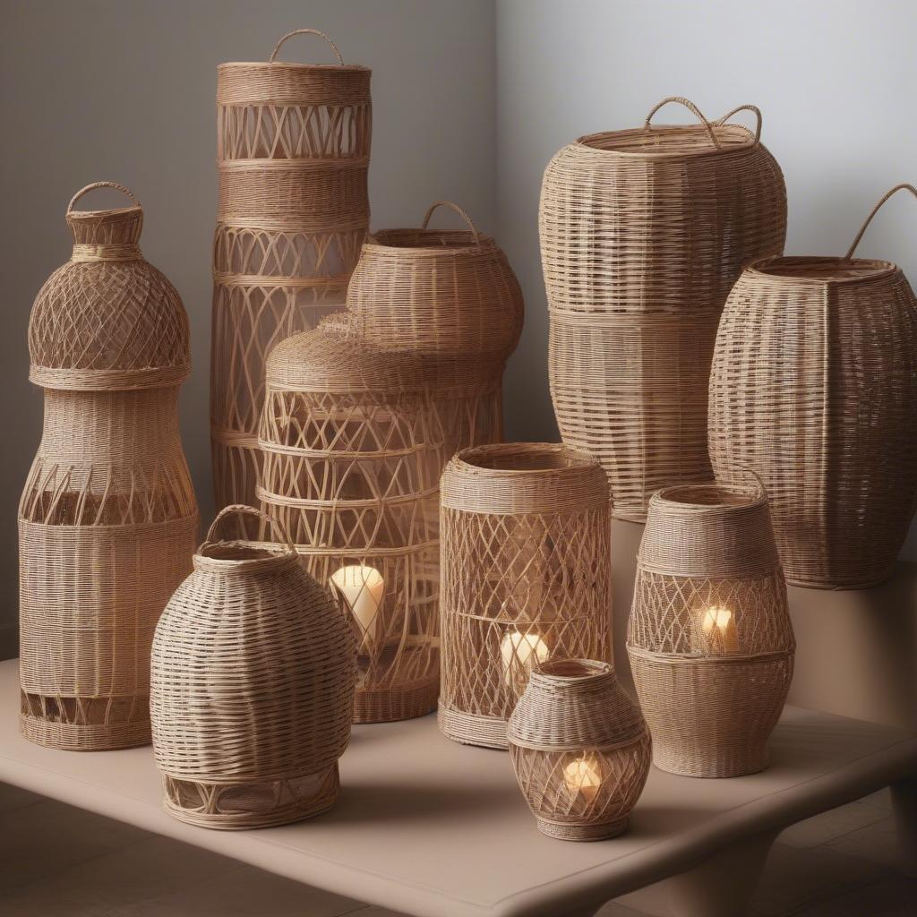 A collection of wicker lantern holders in various styles and sizes.