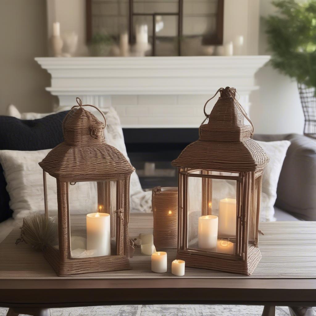 Wicker lantern candle holders in a living room setting