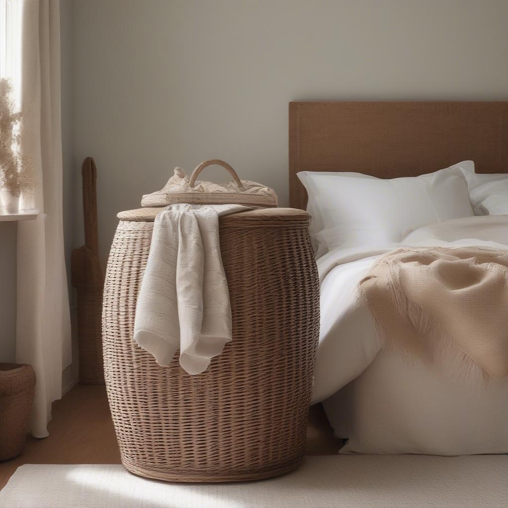 Large wicker laundry basket with lid placed in a bedroom for storage.