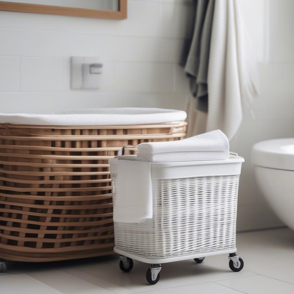 Wicker laundry hamper on wheels in a bathroom