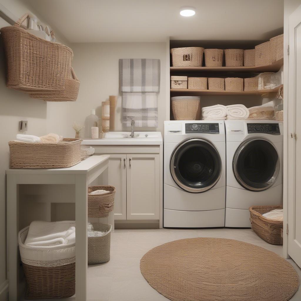 Wicker laundry room storage baskets neatly organizing detergents, towels, and other essentials.