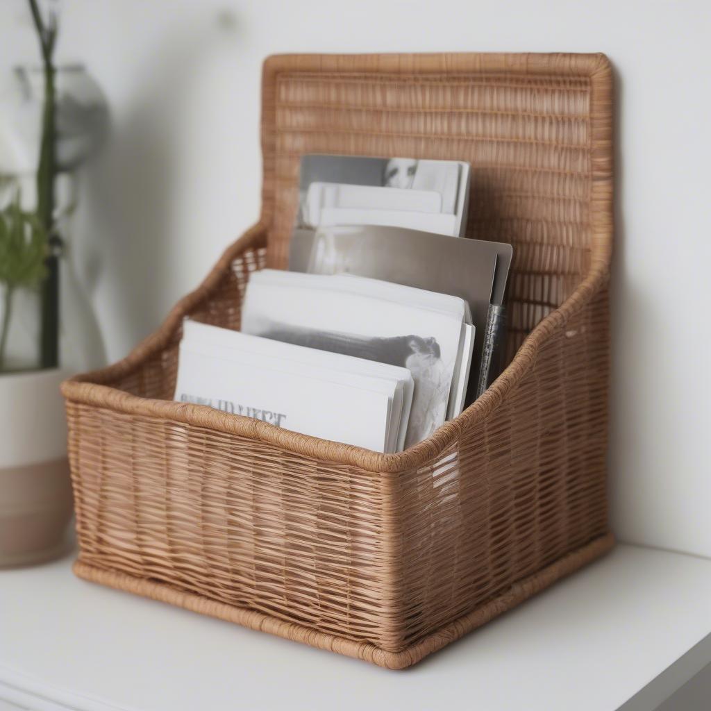 A wicker letter holder used to organize magazines, small plants, and other items, demonstrating its versatility.