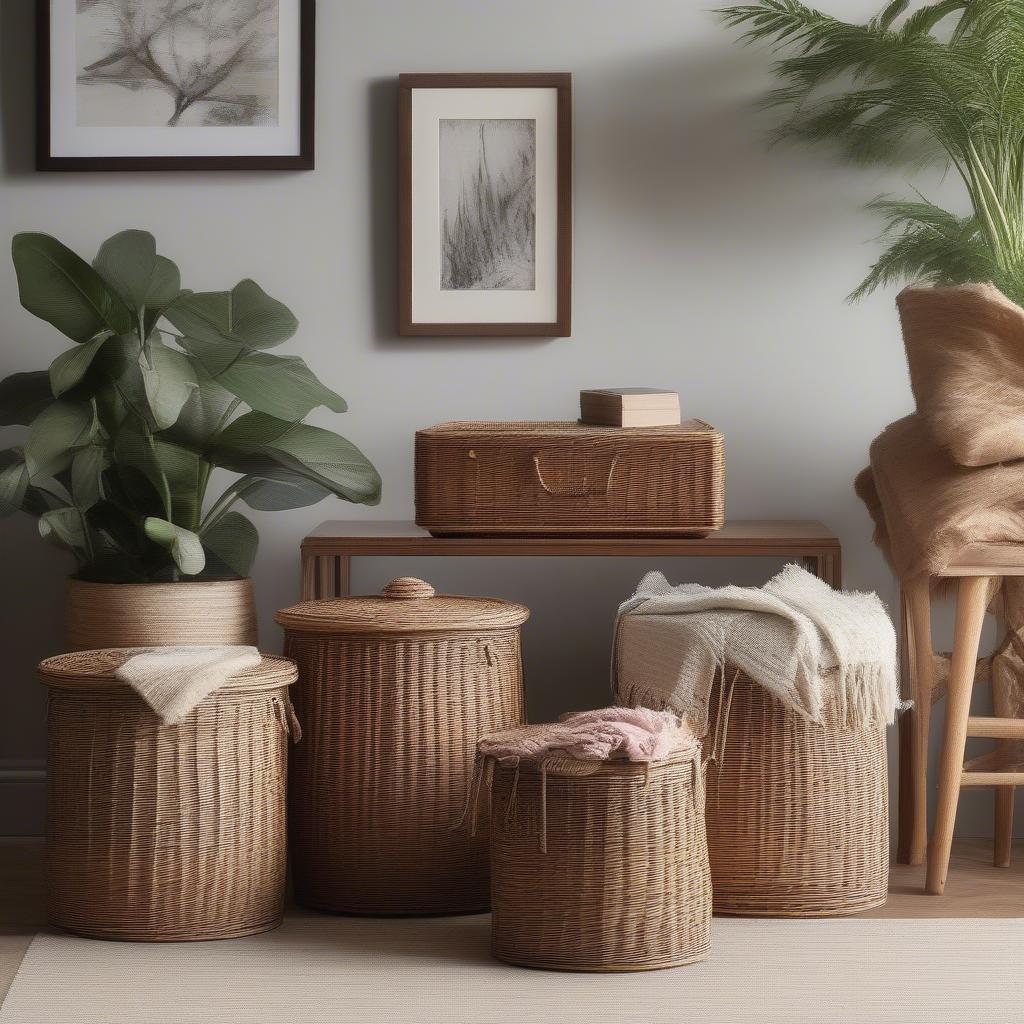 Wicker lidded cube storage baskets in a living room setting