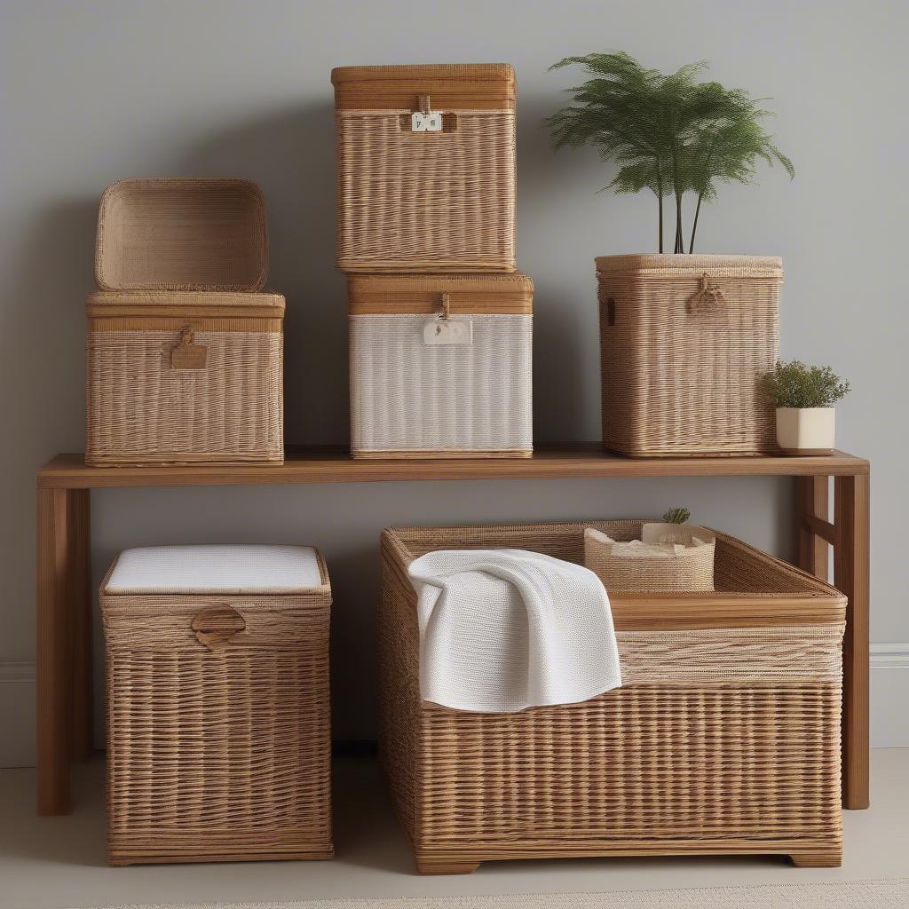 Various wicker lidded cube storage baskets in different sizes and styles