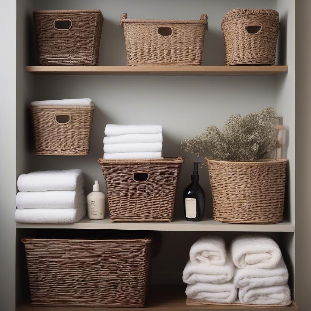 Wicker lidded cube storage baskets used for storage in different rooms, like bedroom, bathroom, and living room.