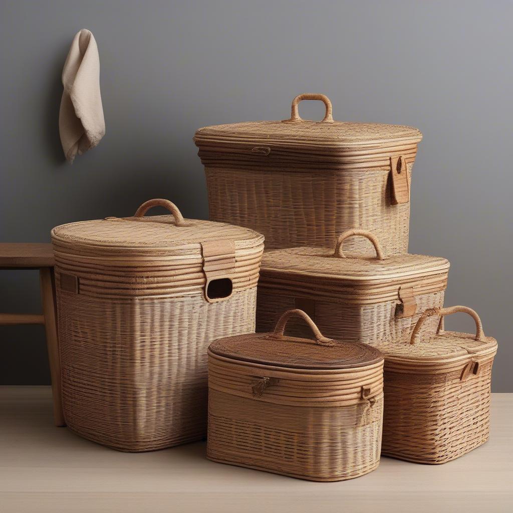 Various styles of wicker lidded storage baskets showcasing different shapes, sizes, and weaving patterns.