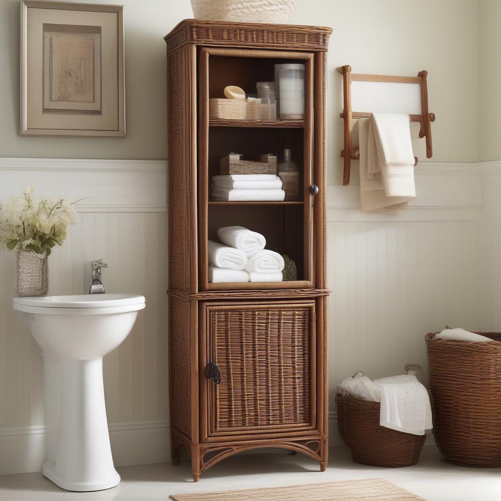 A wicker linen cabinet placed in a bathroom setting