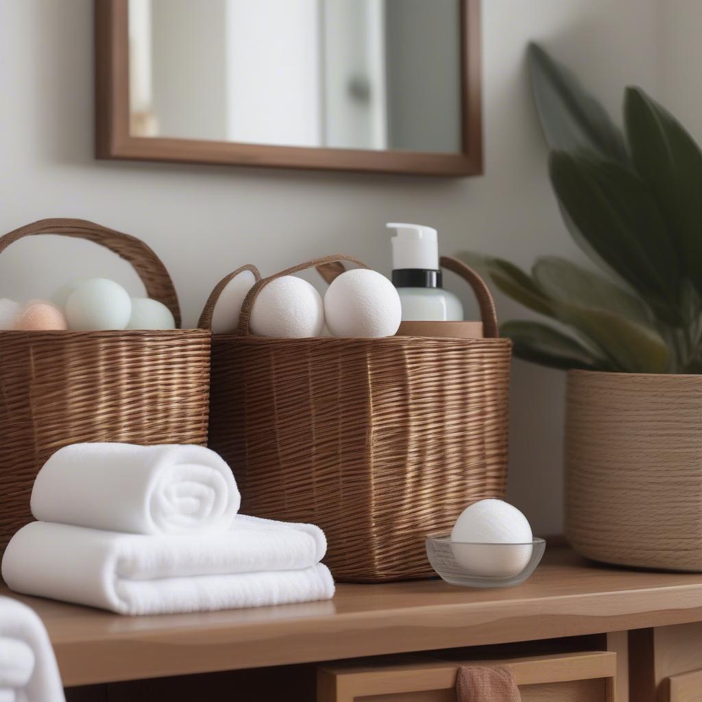 Wicker linen storage baskets in a bathroom setting