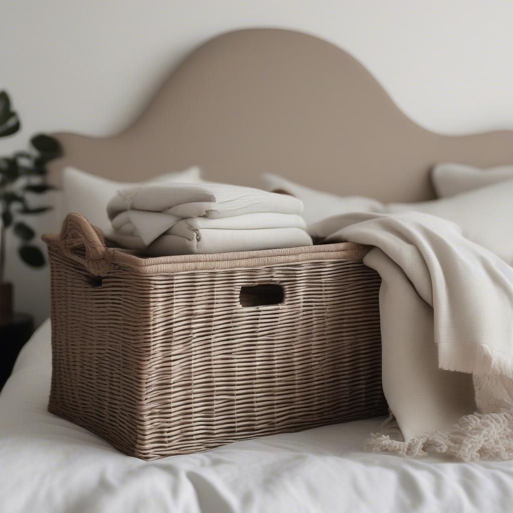 Wicker linen storage baskets in a bedroom setting