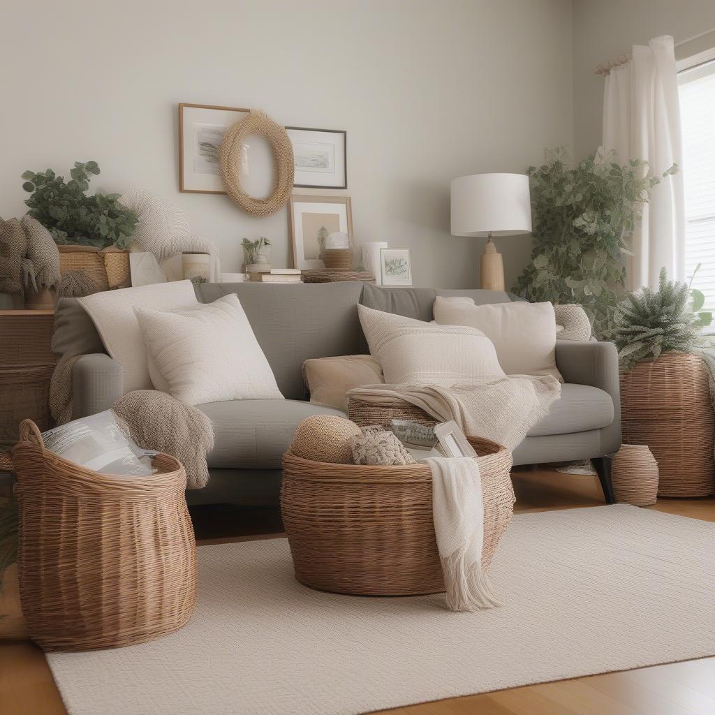 Wicker linen storage baskets in a living room setting