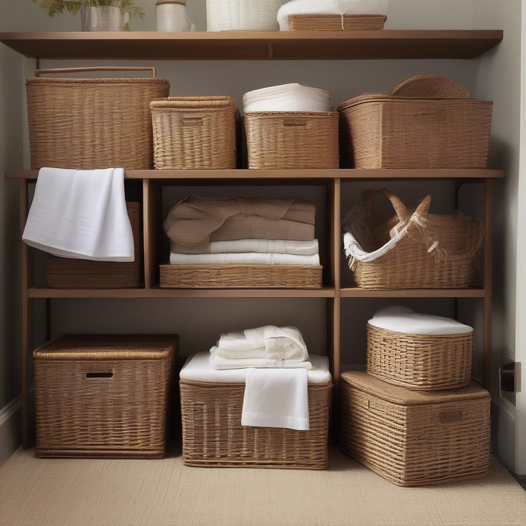 Variety of wicker linen storage baskets showcasing different shapes, sizes, and weaving patterns.