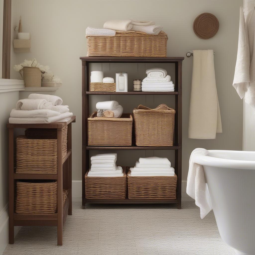 Wicker linen storage baskets in a bright, airy bathroom, showcasing their practicality and aesthetic appeal.