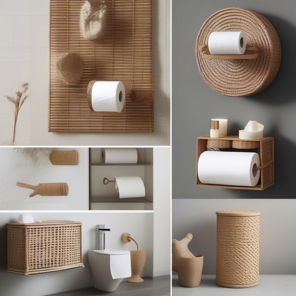 Different styles of wicker loo roll holders