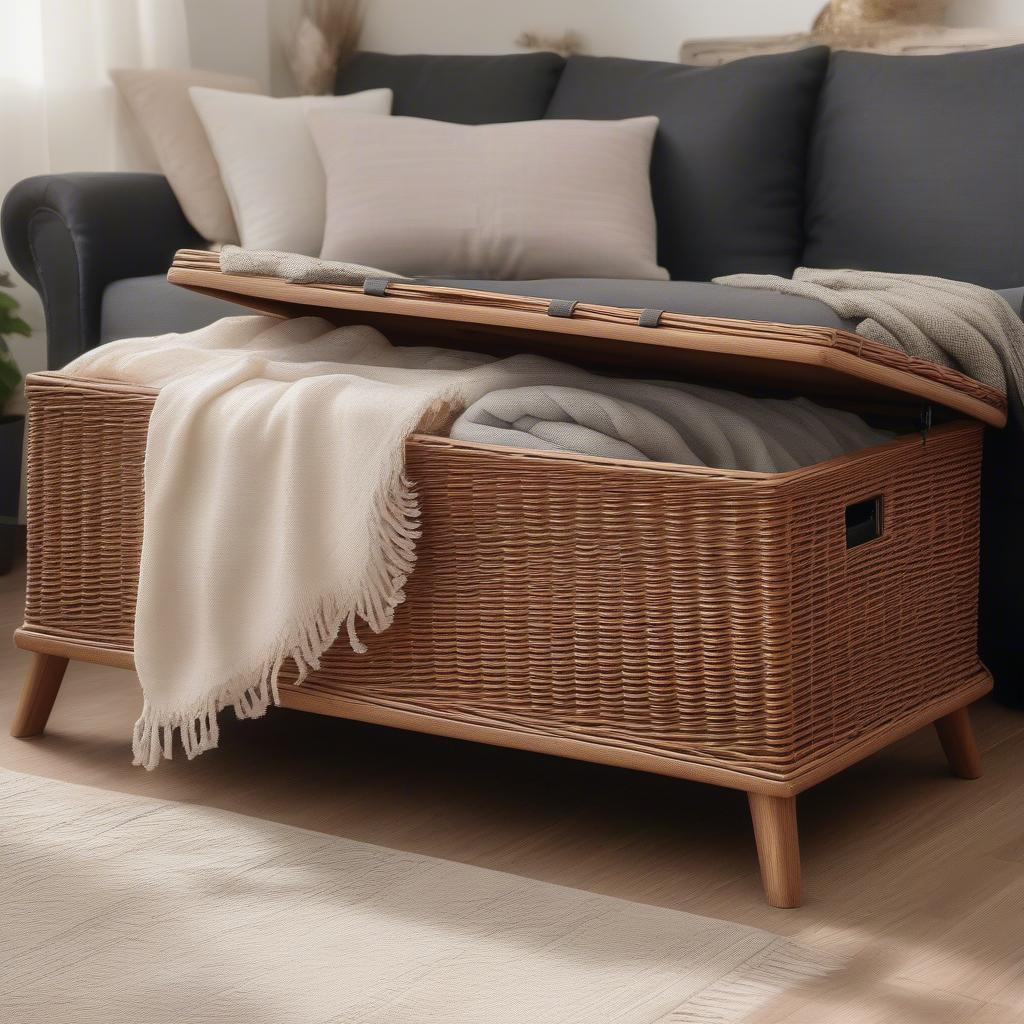 Wicker look bench in a living room used for storage with throw blankets and pillows inside.